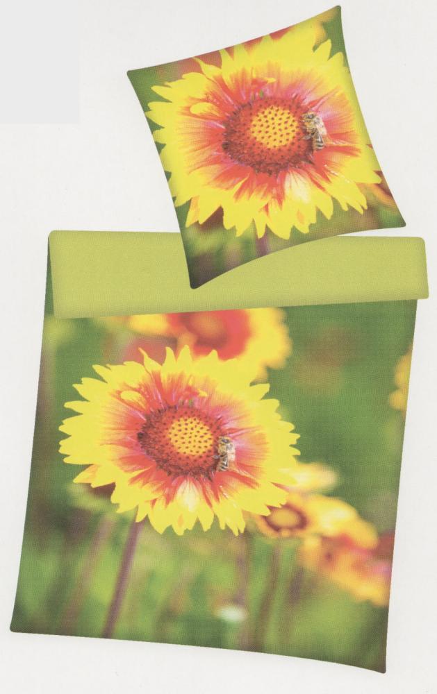 Bettwäsche Sonnenblume mit Biene - 155 x 220 cm - Renforcé - Übergröße - Blume